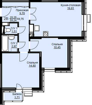 Продажа 2-комнатной квартиры 59,8 м², 5/17 этаж