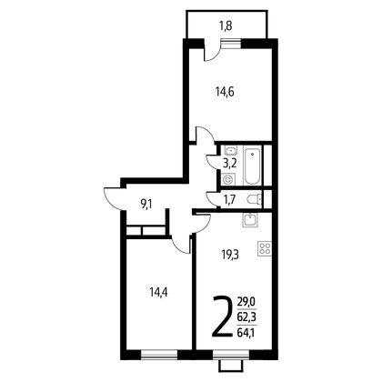 64,1 м², 2-комн. квартира, 6/9 этаж