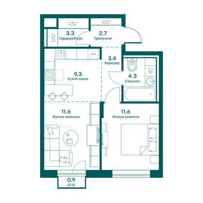 46,5 м², 2-комн. квартира, 4 этаж