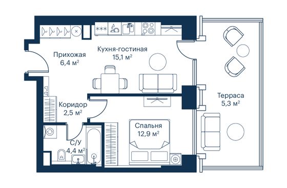 Продажа 1-комнатной квартиры 46,6 м², 2/52 этаж