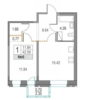 Продажа 1-комнатной квартиры 42,6 м², 2/12 этаж