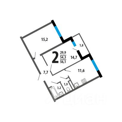 Продажа 2-комнатной квартиры 54,3 м², 7/18 этаж