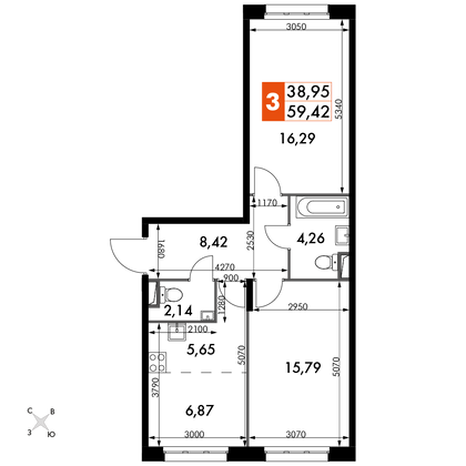 59,4 м², 3-комн. квартира, 6/15 этаж