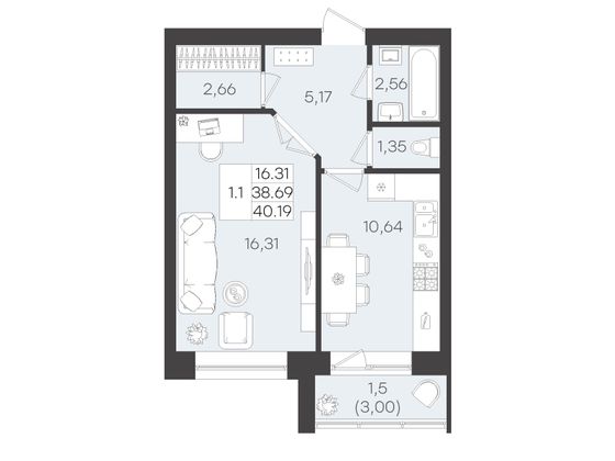 40,2 м², 1-комн. квартира, 2/3 этаж