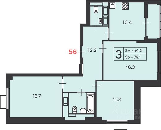 Продажа 3-комнатной квартиры 75 м², 13/15 этаж