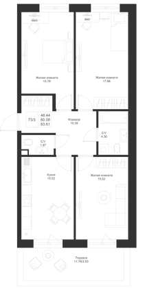 83,6 м², 3-комн. квартира, 1/4 этаж