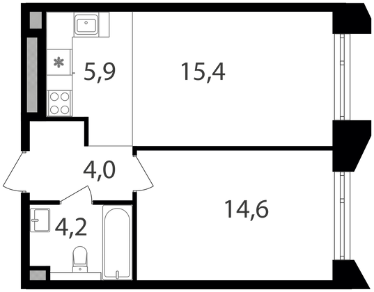 Продажа 1-комнатной квартиры 44,1 м², 4/15 этаж