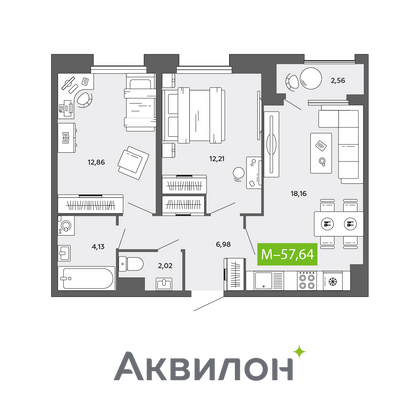 57,6 м², 2-комн. квартира, 8/16 этаж