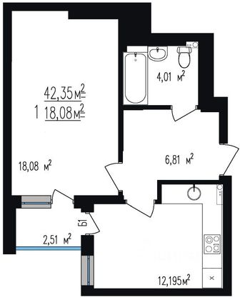 Продажа 1-комнатной квартиры 42,4 м², 17/27 этаж