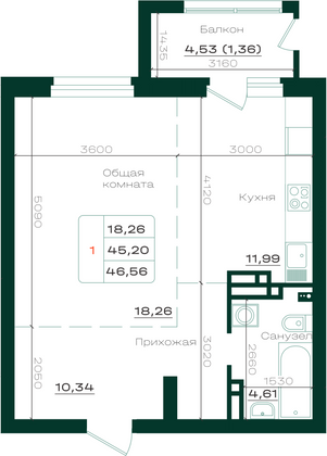 Продажа 1-комнатной квартиры 46,6 м², 14/21 этаж