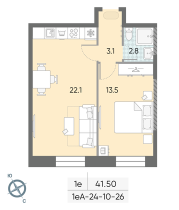 Продажа 1-комнатной квартиры 41,5 м², 26/28 этаж
