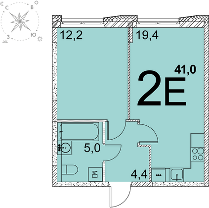 41 м², 1-комн. квартира, 6 этаж