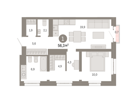 56,3 м², 1-комн. квартира, 28/31 этаж