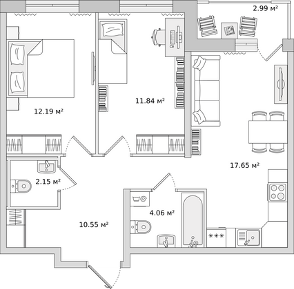 57,5 м², 2-комн. квартира, 3/9 этаж