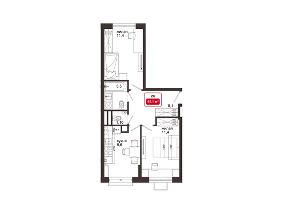 45,1 м², 2-комн. квартира, 4/4 этаж