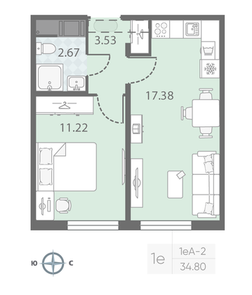 Продажа 1-комнатной квартиры 34,8 м², 23/23 этаж