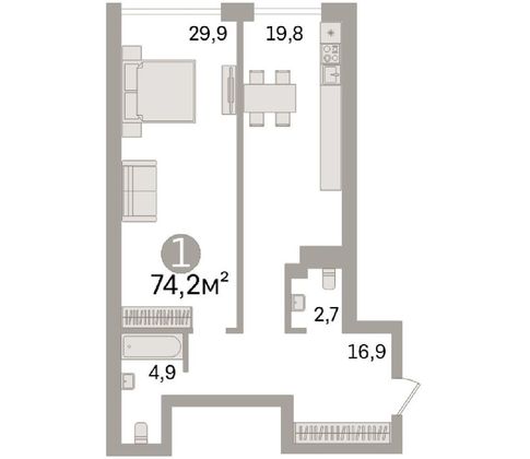 Продажа 1-комнатной квартиры 74,2 м², 5/16 этаж