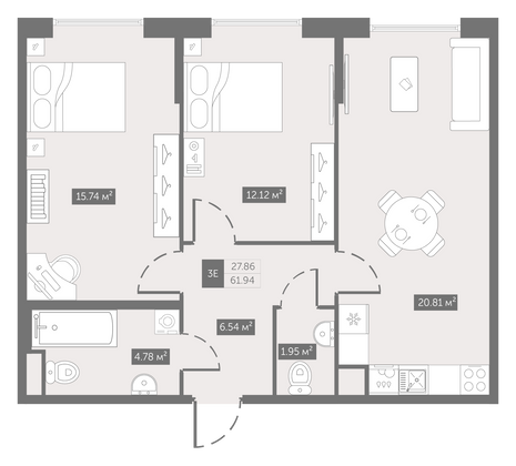 61,9 м², 2-комн. квартира, 2/10 этаж