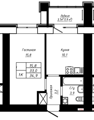 34,9 м², 1-комн. квартира, 5/16 этаж