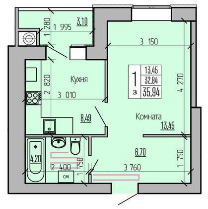 Продажа 1-комнатной квартиры 35,9 м², 10/10 этаж