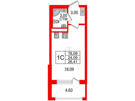 Продажа квартиры-студии 24,1 м², 2/4 этаж