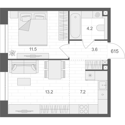 39,7 м², 1-комн. квартира, 6/12 этаж