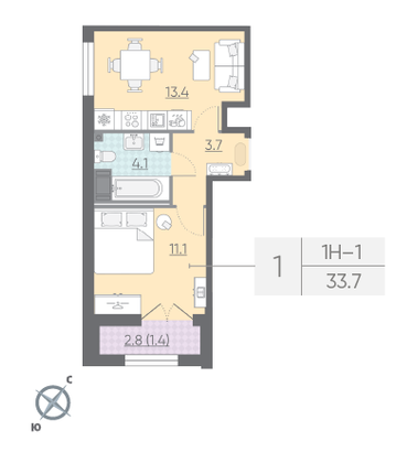 Продажа 1-комнатной квартиры 33,7 м², 9/23 этаж