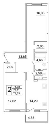 79,8 м², 2-комн. квартира, 20/27 этаж