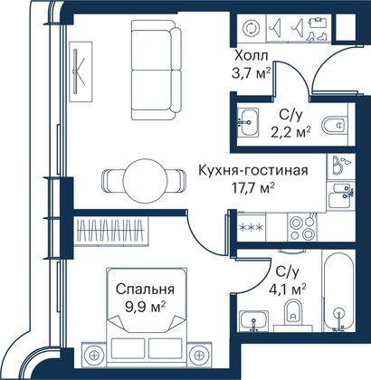 Продажа 1-комнатной квартиры 37,6 м², 43/53 этаж