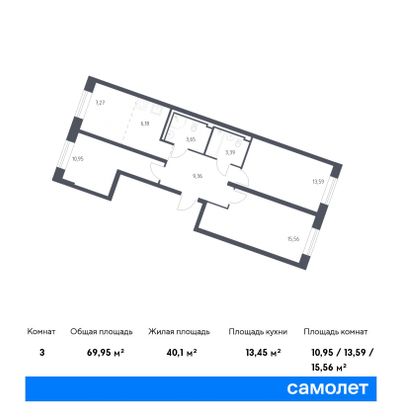 69,9 м², 3-комн. квартира, 1/9 этаж