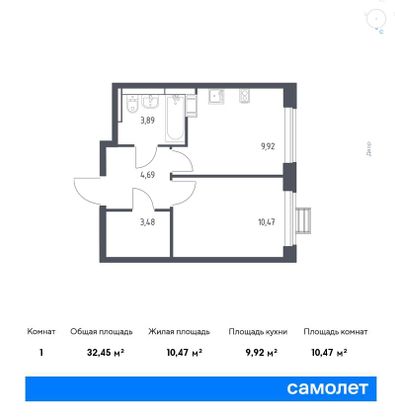 32,5 м², 1-комн. квартира, 15/17 этаж