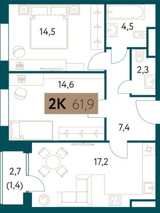 Продажа 2-комнатной квартиры 61,9 м², 5/28 этаж