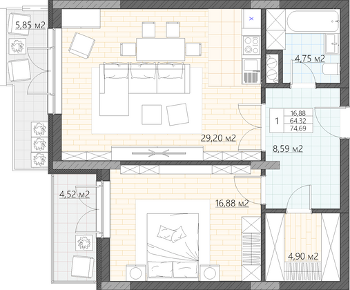 Продажа 1-комнатной квартиры 74,7 м², 2/5 этаж