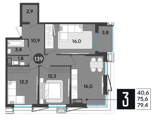 Продажа 3-комнатной квартиры 79,4 м², 17/18 этаж