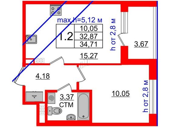 Продажа 1-комнатной квартиры 32,9 м², 4/4 этаж