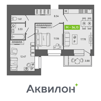 56,2 м², 2-комн. квартира, 9/9 этаж