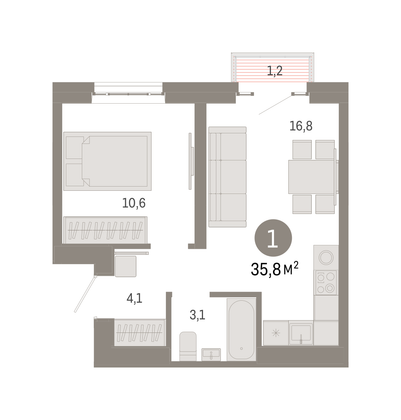 35,8 м², 1-комн. квартира, 20/31 этаж