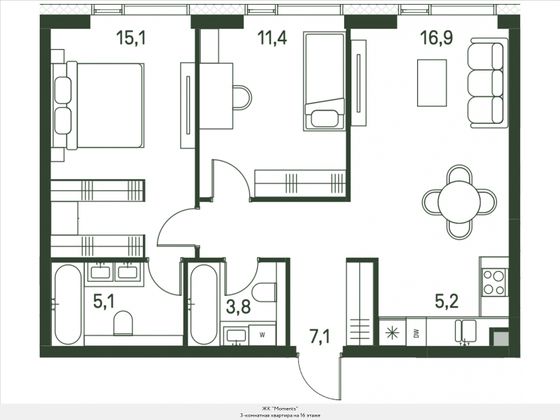 64,6 м², 3-комн. квартира, 16/30 этаж