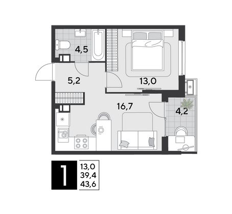 Продажа 1-комнатной квартиры 43,6 м², 3/18 этаж