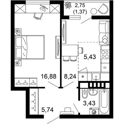 41,1 м², 2-комн. квартира, 2/10 этаж
