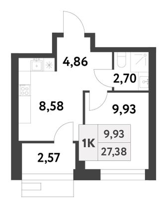 27,4 м², 1-комн. квартира, 3/16 этаж