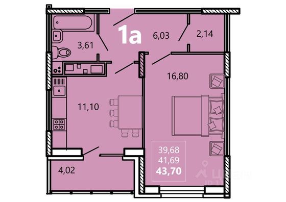 Продажа 1-комнатной квартиры 43,7 м², 10/16 этаж