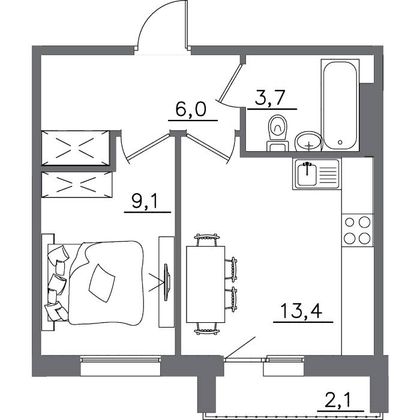 Продажа 1-комнатной квартиры 34,3 м², 6/9 этаж