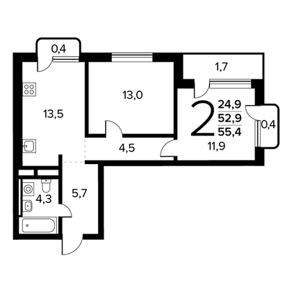 55,4 м², 2-комн. квартира, 12/14 этаж