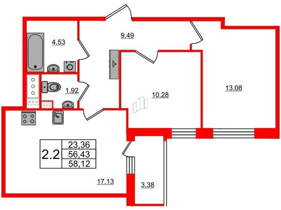 Продажа 2-комнатной квартиры 56,4 м², 9/12 этаж