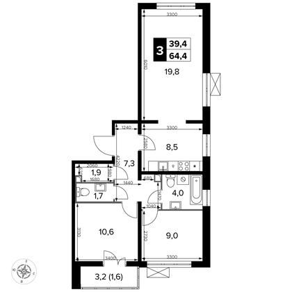 64,4 м², 3-комн. квартира, 2/21 этаж