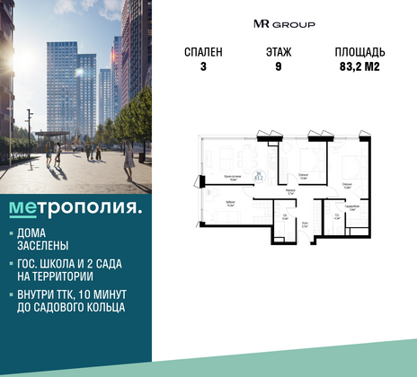 83,2 м², 3-комн. квартира, 9/29 этаж