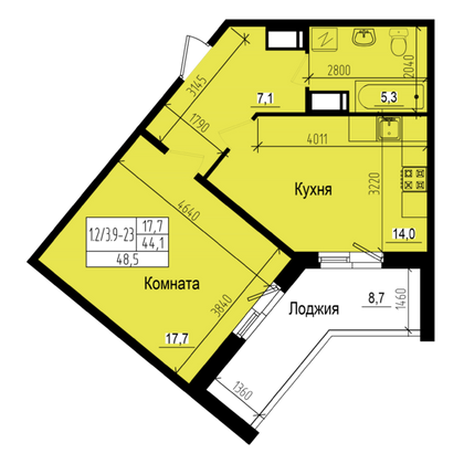 48,5 м², 1-комн. квартира, 10/23 этаж