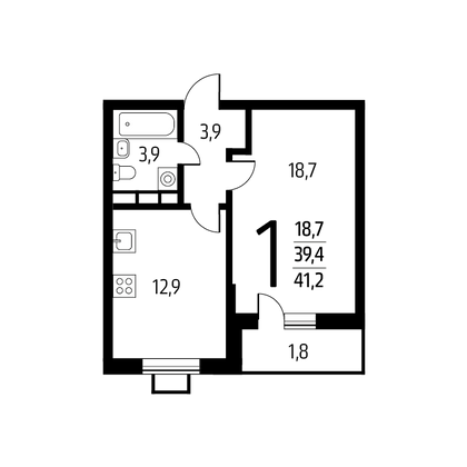 41,2 м², 1-комн. квартира, 8/9 этаж
