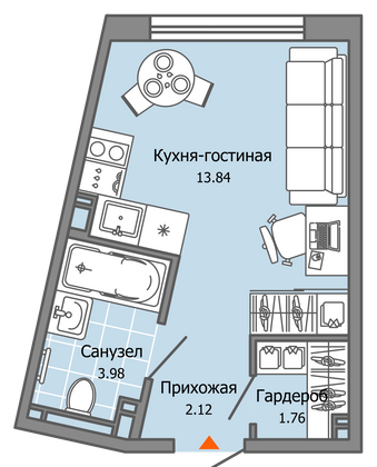 22 м², студия, 4/7 этаж